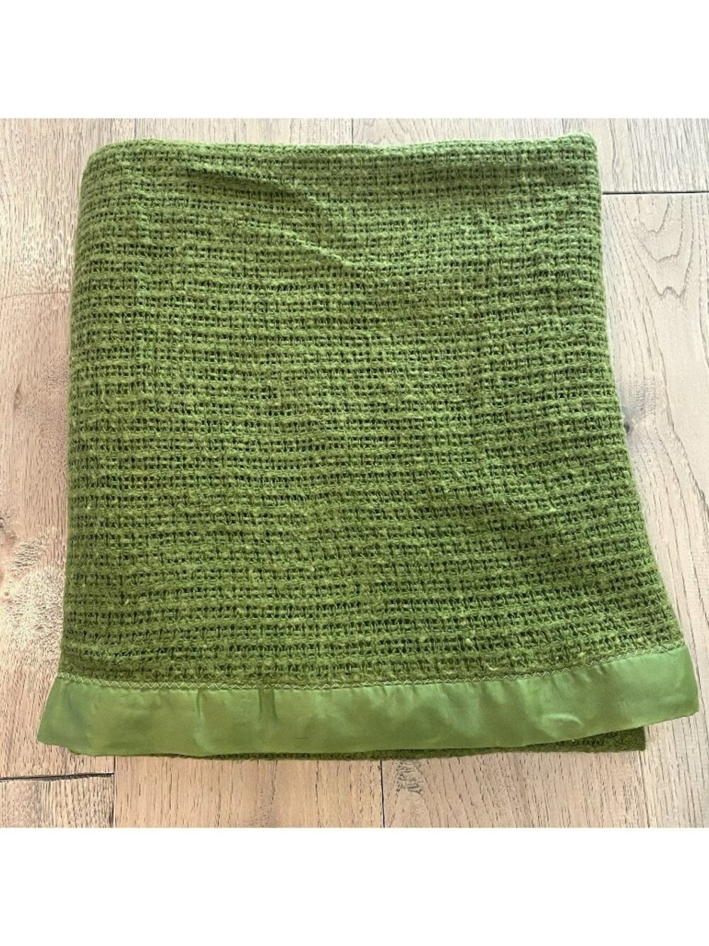 Vintage Sears Waffle Weave Blanket Avocado Green 74x68 Nylon/Rayon